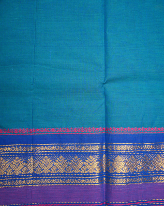 Premium Kanchi Handloom Cotton Saree in Turquoise Blue with Gold Zari Weaving & Contrast Royal Blue-Lavender Purple Border