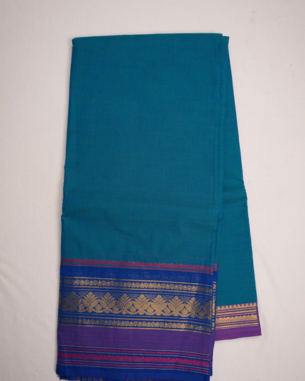 Premium Kanchi Handloom Cotton Saree in Turquoise Blue with Gold Zari Weaving & Contrast Royal Blue-Lavender Purple Border