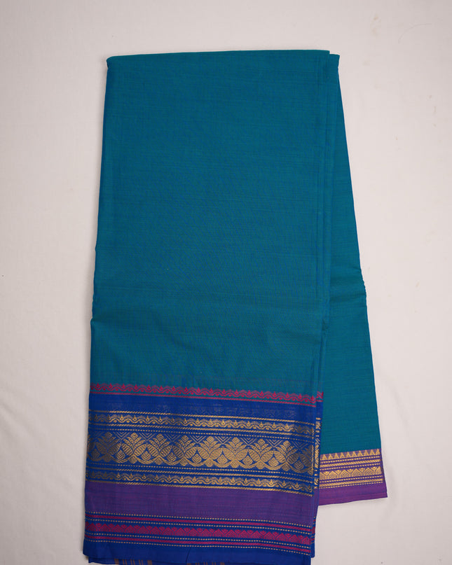 Premium Kanchi Handloom Cotton Saree in Turquoise Blue with Gold Zari Weaving & Contrast Royal Blue-Lavender Purple Border
