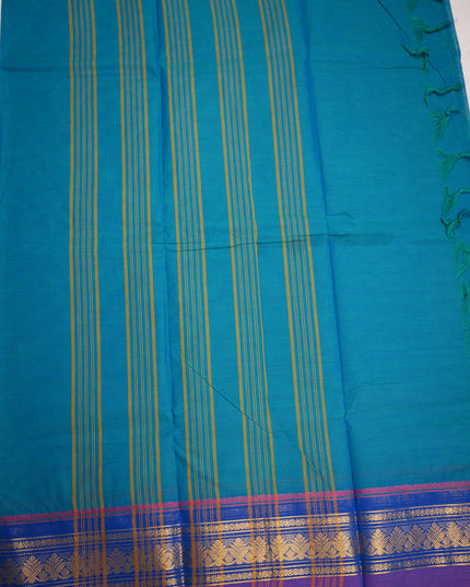 Premium Kanchi Handloom Cotton Saree in Turquoise Blue with Gold Zari Weaving & Contrast Royal Blue-Lavender Purple Border