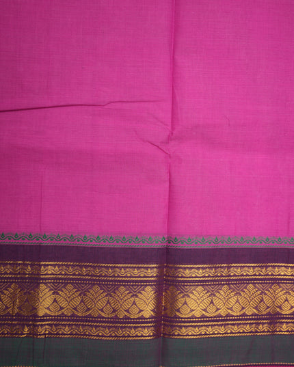 Premium Kanchi Handloom Cotton Saree in Bright Rani Pink with Gold Zari Weaving & Contrast Royal Purple-Emerald Green Border