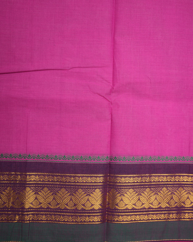 Premium Kanchi Handloom Cotton Saree in Bright Rani Pink with Gold Zari Weaving & Contrast Royal Purple-Emerald Green Border