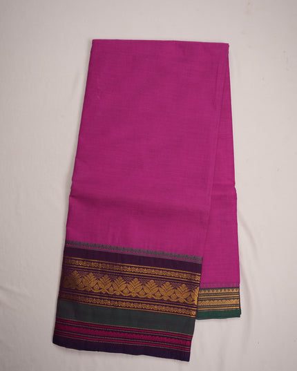 Premium Kanchi Handloom Cotton Saree in Bright Rani Pink with Gold Zari Weaving & Contrast Royal Purple-Emerald Green Border