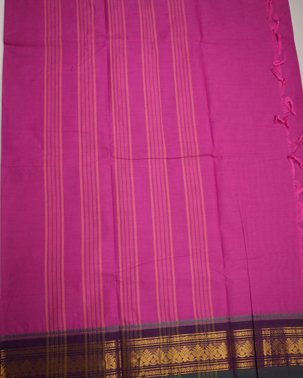 Premium Kanchi Handloom Cotton Saree in Bright Rani Pink with Gold Zari Weaving & Contrast Royal Purple-Emerald Green Border