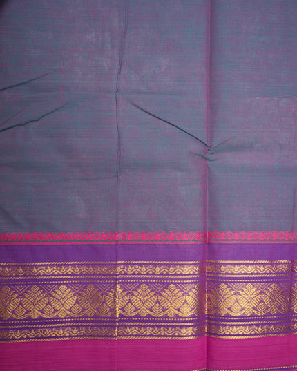 Premium Kanchi Handloom Cotton Saree in Steel Grey with Gold Zari Weaving & Contrast Rani Pink-Royal Purple Border