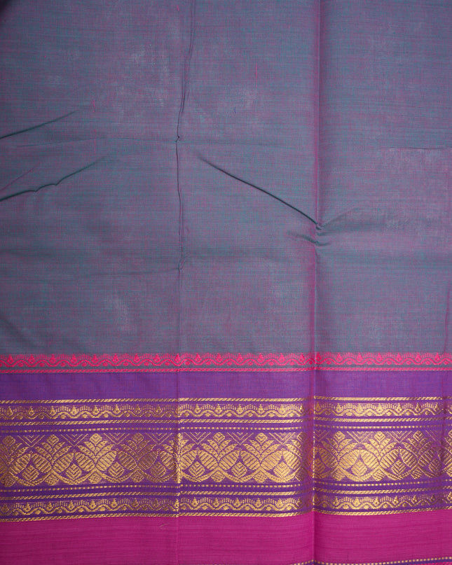 Premium Kanchi Handloom Cotton Saree in Steel Grey with Gold Zari Weaving & Contrast Rani Pink-Royal Purple Border