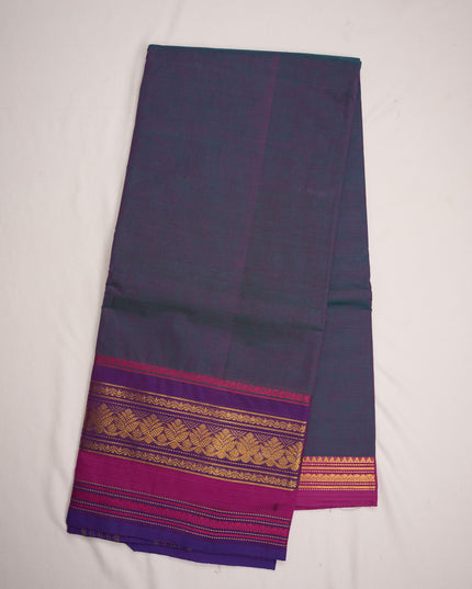 Premium Kanchi Handloom Cotton Saree in Steel Grey with Gold Zari Weaving & Contrast Rani Pink-Royal Purple Border