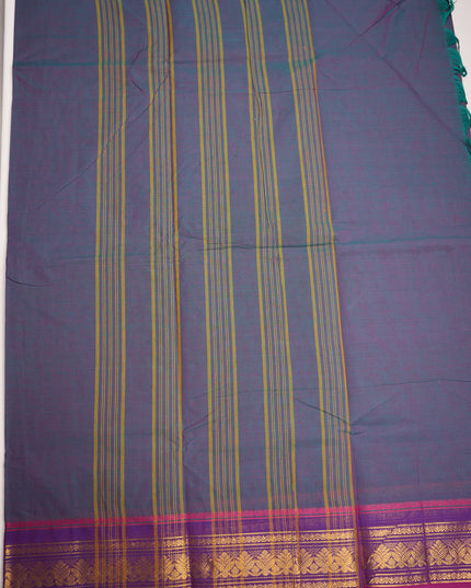Premium Kanchi Handloom Cotton Saree in Steel Grey with Gold Zari Weaving & Contrast Rani Pink-Royal Purple Border