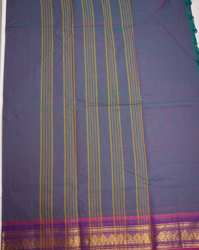 Premium Kanchi Handloom Cotton Saree in Steel Grey with Gold Zari Weaving & Contrast Rani Pink-Royal Purple Border
