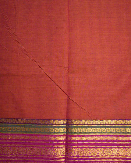 Premium Kanchi Handloom Cotton Saree in Rust Brown with Gold Zari Weaving & Contrast Rani Pink-Emerald Green Border