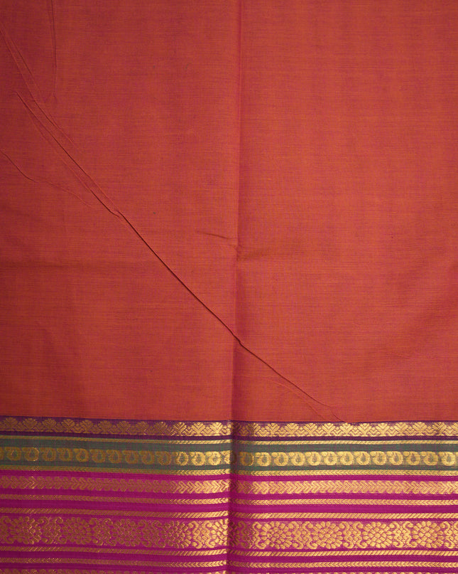 Premium Kanchi Handloom Cotton Saree in Rust Brown with Gold Zari Weaving & Contrast Rani Pink-Emerald Green Border