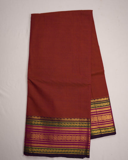 Premium Kanchi Handloom Cotton Saree in Rust Brown with Gold Zari Weaving & Contrast Rani Pink-Emerald Green Border