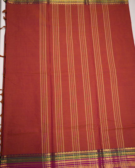 Premium Kanchi Handloom Cotton Saree in Rust Brown with Gold Zari Weaving & Contrast Rani Pink-Emerald Green Border