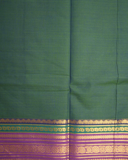 Premium Kanchi Handloom Cotton Saree in Deep Bottle Green with Gold Zari Weaving & Contrast Royal Purple-Emerald Green Border