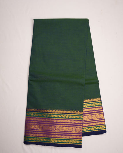 Premium Kanchi Handloom Cotton Saree in Deep Bottle Green with Gold Zari Weaving & Contrast Royal Purple-Emerald Green Border