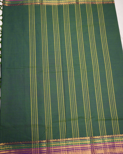 Premium Kanchi Handloom Cotton Saree in Deep Bottle Green with Gold Zari Weaving & Contrast Royal Purple-Emerald Green Border