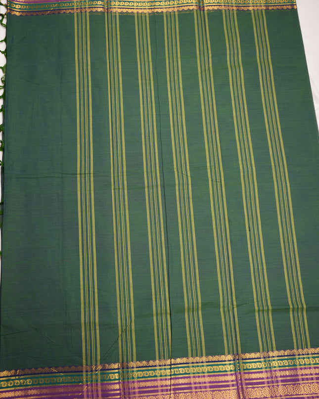 Premium Kanchi Handloom Cotton Saree in Deep Bottle Green with Gold Zari Weaving & Contrast Royal Purple-Emerald Green Border