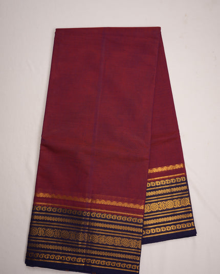 Premium Kanchi Handloom Cotton Saree in Rich Maroon Wine with Gold Zari Weaving & Contrast Navy Blue Border