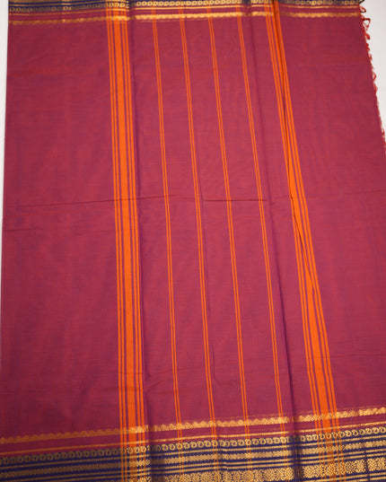 Premium Kanchi Handloom Cotton Saree in Rich Maroon Wine with Gold Zari Weaving & Contrast Navy Blue Border