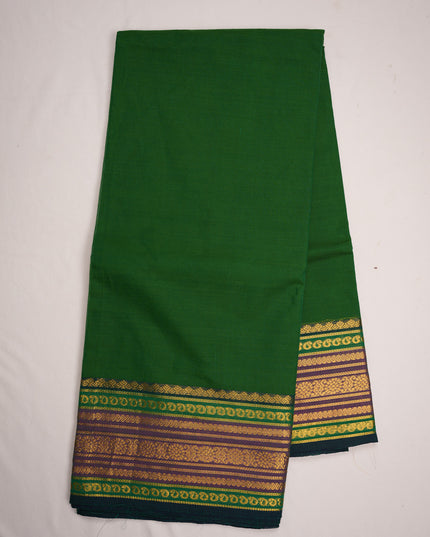 Premium Kanchi Handloom Cotton Saree in Rich Emerald Green with Gold Zari Weaving & Contrast Royal Purple Border