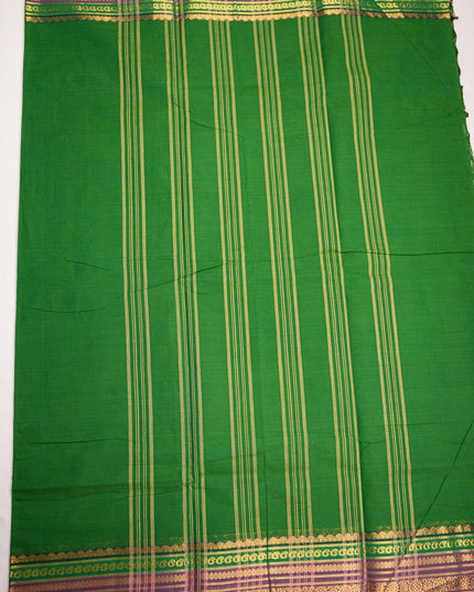 Premium Kanchi Handloom Cotton Saree in Rich Emerald Green with Gold Zari Weaving & Contrast Royal Purple Border