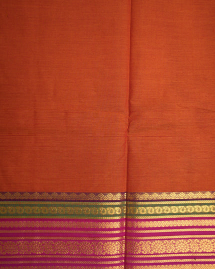 Premium Kanchi Handloom Cotton Saree in Rustic Burnt Orange with Traditional Gold Zari Floral Weaving & Contrast Magenta-Emerald Green-Navy Blue Border