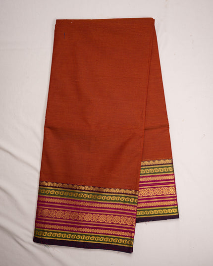 Premium Kanchi Handloom Cotton Saree in Rustic Burnt Orange with Traditional Gold Zari Floral Weaving & Contrast Magenta-Emerald Green-Navy Blue Border