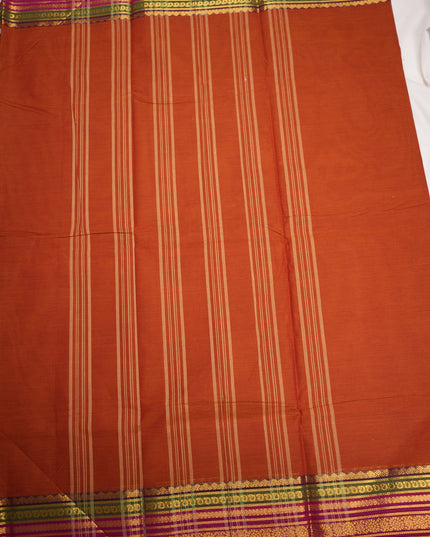 Premium Kanchi Handloom Cotton Saree in Rustic Burnt Orange with Traditional Gold Zari Floral Weaving & Contrast Magenta-Emerald Green-Navy Blue Border