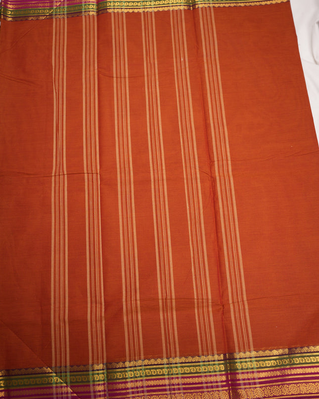 Premium Kanchi Handloom Cotton Saree in Rustic Burnt Orange with Traditional Gold Zari Floral Weaving & Contrast Magenta-Emerald Green-Navy Blue Border