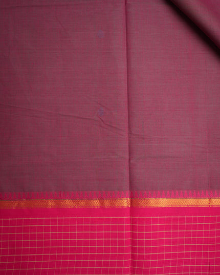 Premium Kanchi Handloom Cotton Saree in Deep Wine Purple with Sky Blue Butta Motifs & Contrast Rani Pink Checked Border