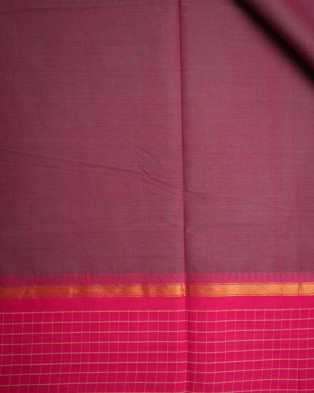 Premium Kanchi Handloom Cotton Saree in Deep Wine Purple with Sky Blue Butta Motifs & Contrast Rani Pink Checked Border