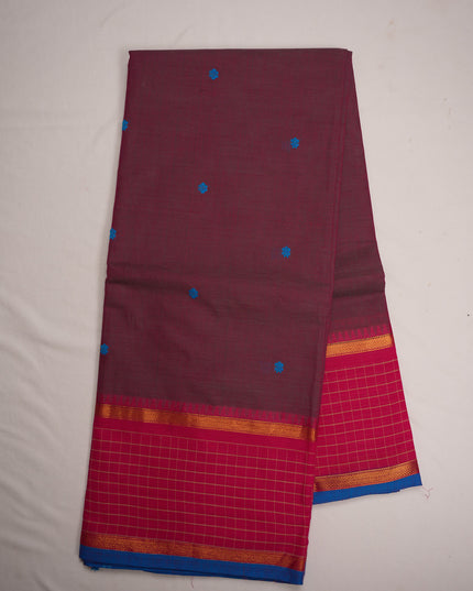 Premium Kanchi Handloom Cotton Saree in Deep Wine Purple with Sky Blue Butta Motifs & Contrast Rani Pink Checked Border