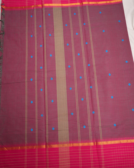 Premium Kanchi Handloom Cotton Saree in Deep Wine Purple with Sky Blue Butta Motifs & Contrast Rani Pink Checked Border