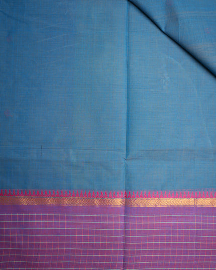 Premium Kanchi Handloom Cotton Saree in Teal Peacock Blue with Rani Pink Butta Motifs & Contrast Royal Purple Checked Border