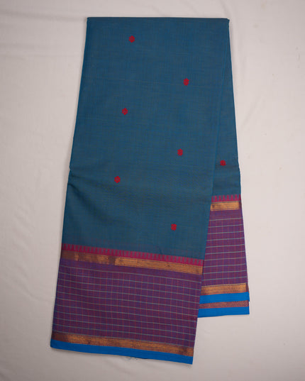 Premium Kanchi Handloom Cotton Saree in Teal Peacock Blue with Rani Pink Butta Motifs & Contrast Royal Purple Checked Border
