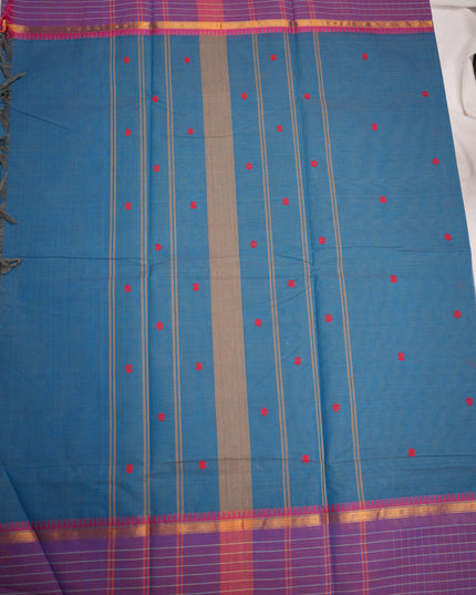 Premium Kanchi Handloom Cotton Saree in Teal Peacock Blue with Rani Pink Butta Motifs & Contrast Royal Purple Checked Border
