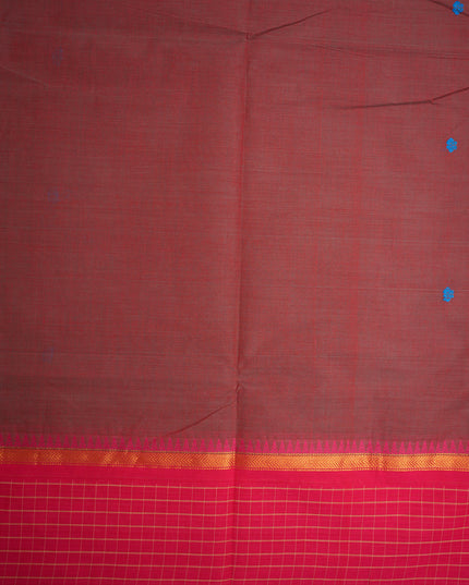 Premium Kanchi Handloom Cotton Saree in Rich Maroon Wine with Royal Blue Butta Motifs & Contrast Rani Pink Checked Border