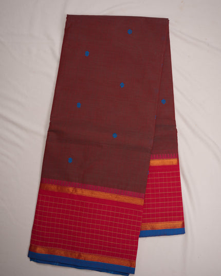Premium Kanchi Handloom Cotton Saree in Rich Maroon Wine with Royal Blue Butta Motifs & Contrast Rani Pink Checked Border