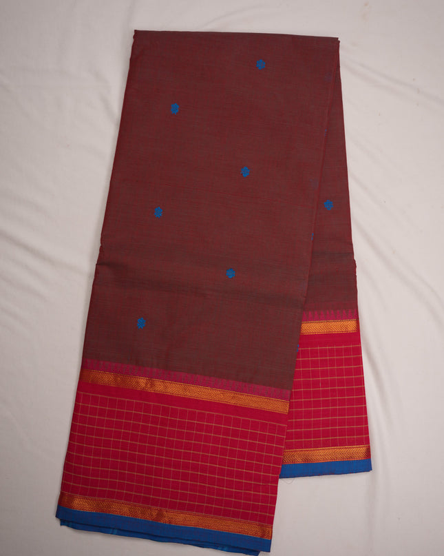 Premium Kanchi Handloom Cotton Saree in Rich Maroon Wine with Royal Blue Butta Motifs & Contrast Rani Pink Checked Border