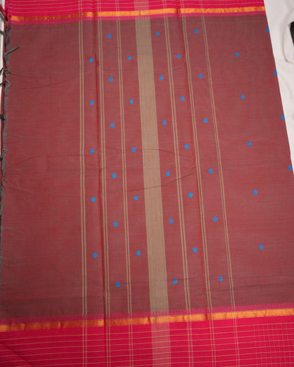 Premium Kanchi Handloom Cotton Saree in Rich Maroon Wine with Royal Blue Butta Motifs & Contrast Rani Pink Checked Border