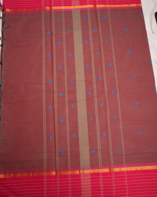 Premium Kanchi Handloom Cotton Saree in Rich Maroon Wine with Royal Blue Butta Motifs & Contrast Rani Pink Checked Border
