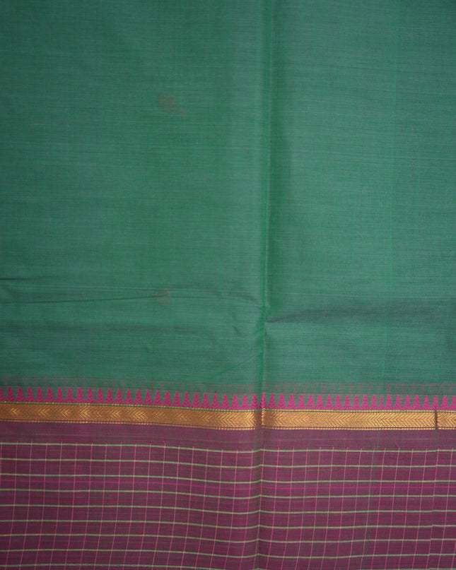 Premium Kanchi Handloom Cotton Saree in Deep Bottle Green with Rani Pink Butta Motifs & Contrast Plum Purple Checked Border