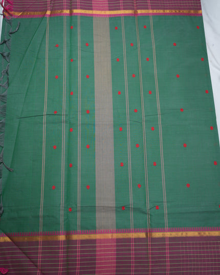 Premium Kanchi Handloom Cotton Saree in Deep Bottle Green with Rani Pink Butta Motifs & Contrast Plum Purple Checked Border
