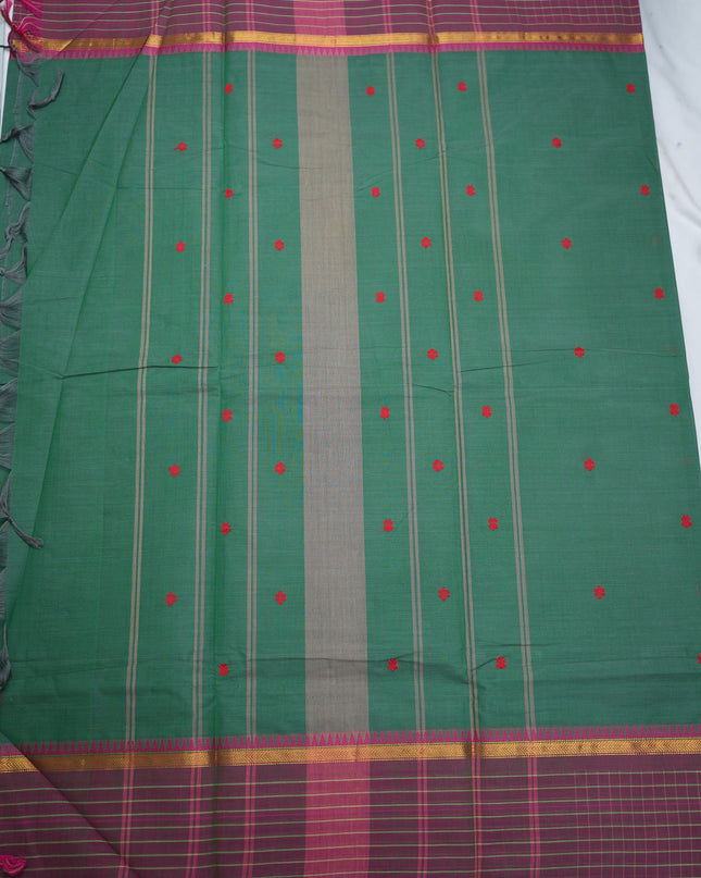 Premium Kanchi Handloom Cotton Saree in Deep Bottle Green with Rani Pink Butta Motifs & Contrast Plum Purple Checked Border