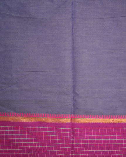 Premium Kanchi Handloom Cotton Saree in Dusty Indigo Blue with Rani Pink Butta Motifs & Contrast Magenta-Purple Checked Border