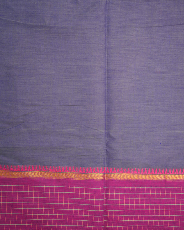 Premium Kanchi Handloom Cotton Saree in Dusty Indigo Blue with Rani Pink Butta Motifs & Contrast Magenta-Purple Checked Border
