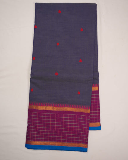 Premium Kanchi Handloom Cotton Saree in Dusty Indigo Blue with Rani Pink Butta Motifs & Contrast Magenta-Purple Checked Border