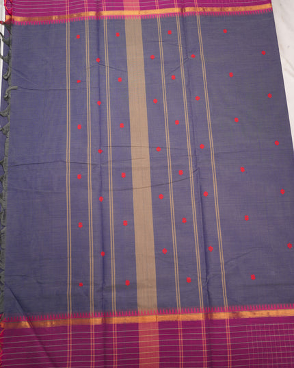 Premium Kanchi Handloom Cotton Saree in Dusty Indigo Blue with Rani Pink Butta Motifs & Contrast Magenta-Purple Checked Border