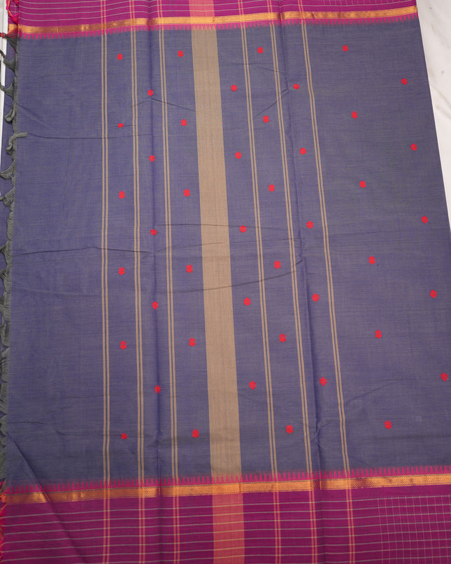 Premium Kanchi Handloom Cotton Saree in Dusty Indigo Blue with Rani Pink Butta Motifs & Contrast Magenta-Purple Checked Border
