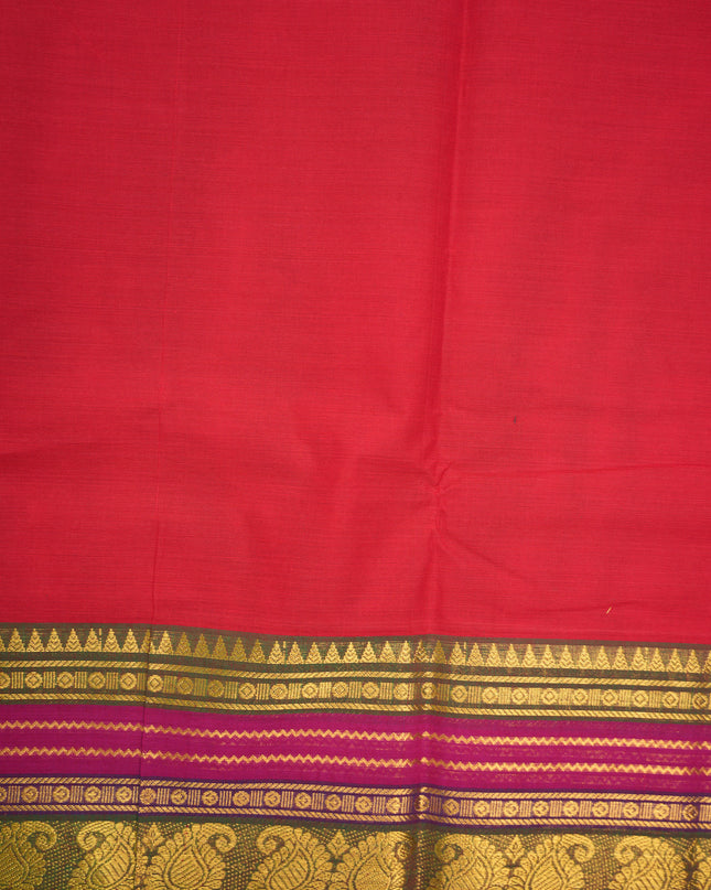 Premium Kanchi Handloom Cotton Saree in Vibrant Rani Pink with Traditional Gold Zari Paisley Weaving & Contrast Royal Purple Border
